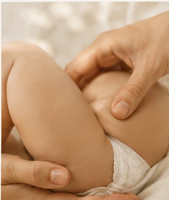 A gentle baby-care gesture in warm natural light