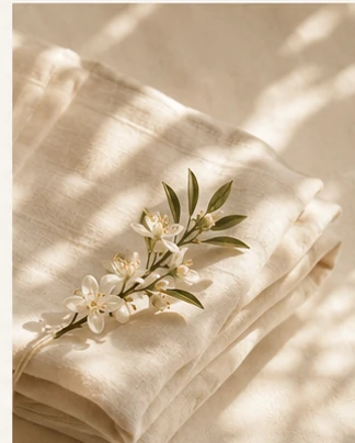 Soft linen and orange blossom in warm natural light